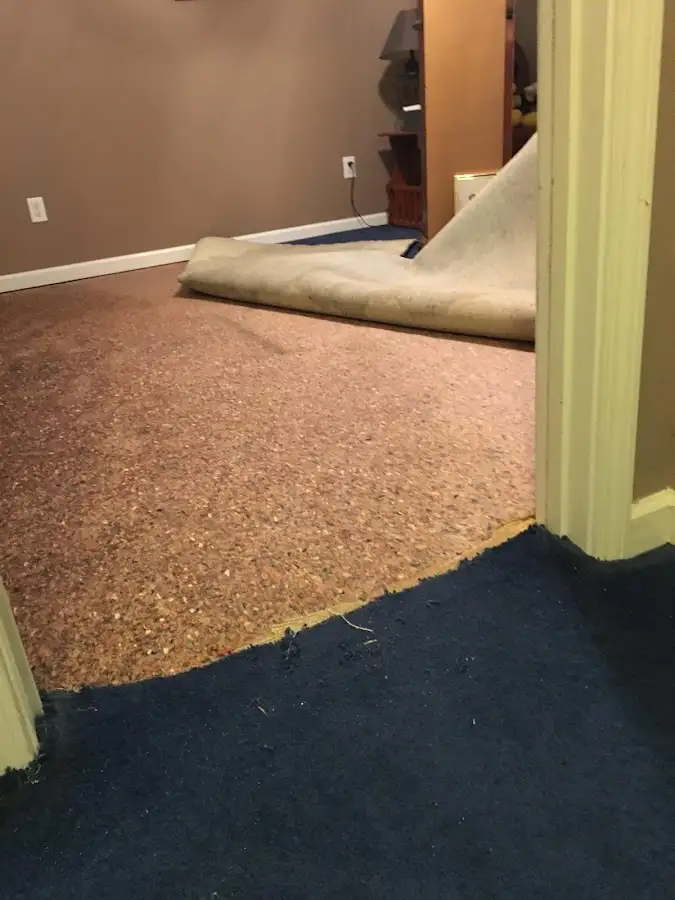 Carpet pad removal revealing water damage during Water Mitigation Services in Dunn